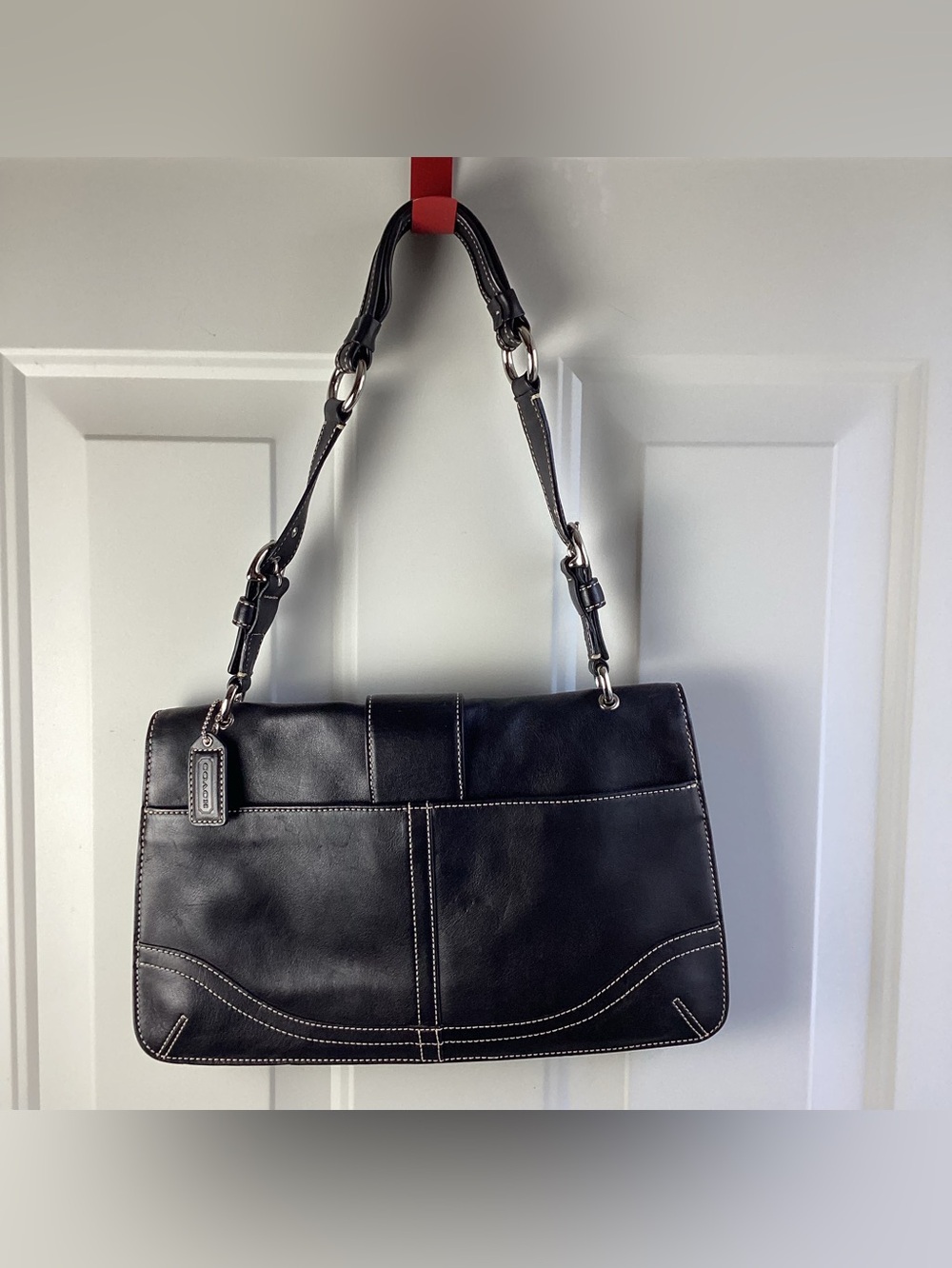 Coach Black Leather Shoulder Bag with Silver Hardware Flap-Over Closure - Picture 5 of 9